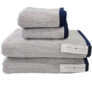 Tommy Hilfiger 4pc Striped Soft‎ Cotton Towel Set White Navy Gray 2 Bath 2 Hand